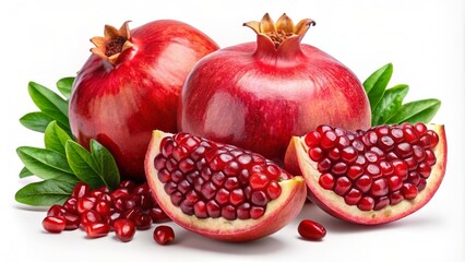Vibrant red pomegranate bursting with juicy seeds against a transparent background, showcasing its ripe and luscious natural beauty in high detail.
