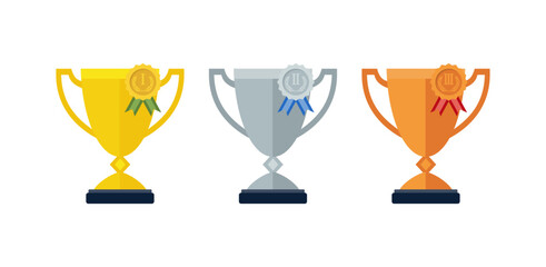 gold silver and bronze cups and medals icon set with color ribbons on white background