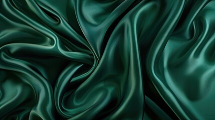 Obraz premium Elegant dark green satin fabric with shiny surface and wavy folds, ideal for holiday backgrounds and web banners with ample design space