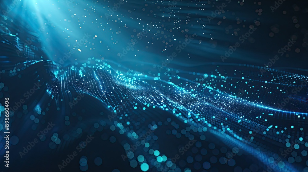 Poster glowing blue light with abstract technology particles and points mesh, creating a high-tech digital 