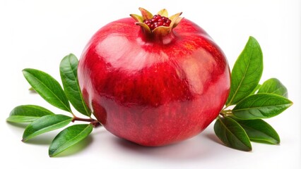 Vibrant red pomegranate with lush green leaves and prominent seeds rests alone on a clean, spotless, pure white background.