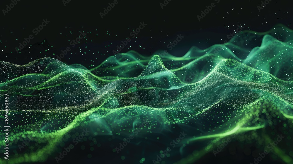 Poster green particle wave, dark background, illustrating the concepts of big data visualization and artifi