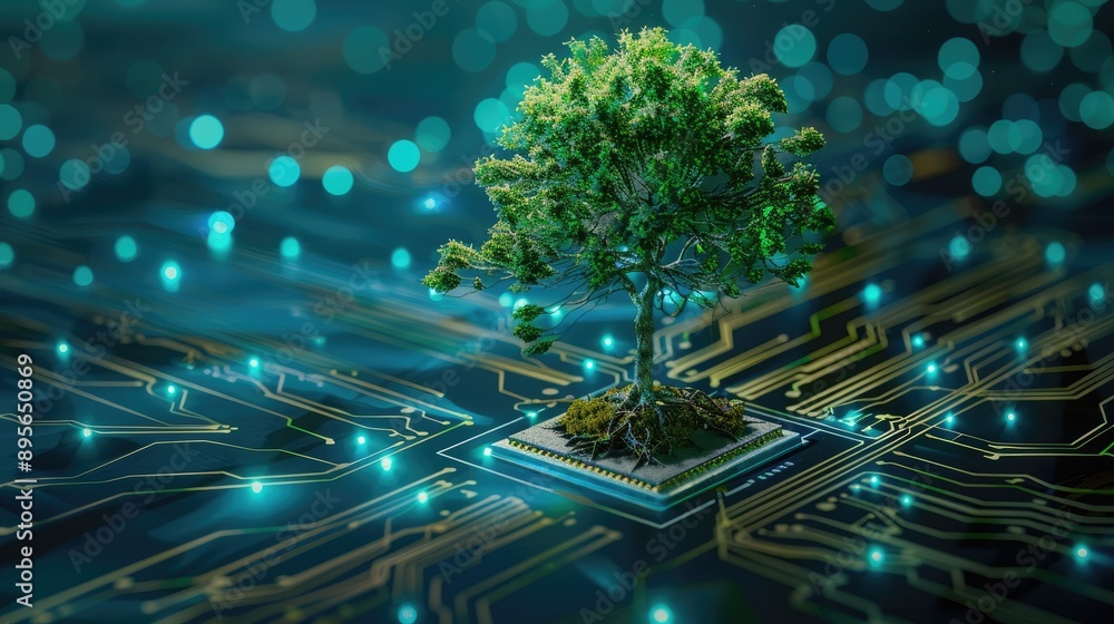 Poster growing tree on the intersection of a circuit board with blue light and network lines, representing 
