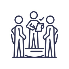 Three figures discussing with one holding a clipboard, symbolizing decision making.