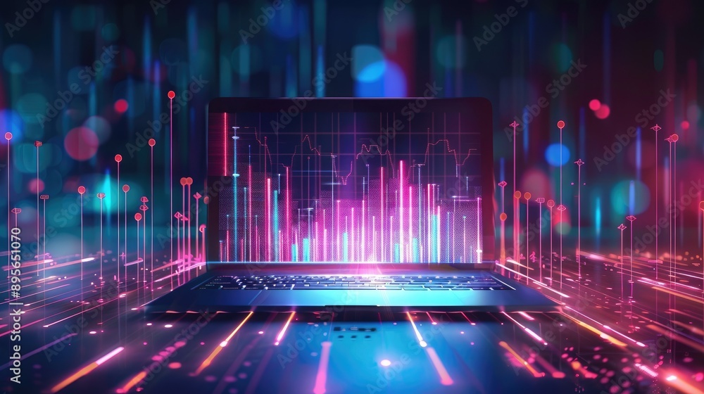 Poster laptop with analytics dashboard, abstract technology background with glowing data lines and charts