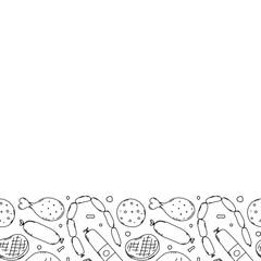 Meat frame. Doodle meat background. Vector illustration with meat products icons