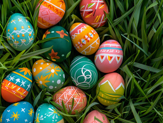 Colorful Easter Eggs Nestled in Grass.