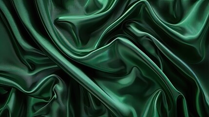 Fototapeta premium Luxurious dark green silk satin with a glossy surface and wavy texture, perfect for creating elegant Valentine, Christmas, or holiday web banners