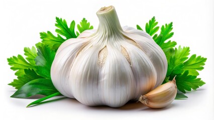 Freshly harvested whole garlic bulb with vibrant green leaves and papery white skin isolated on a transparent background.