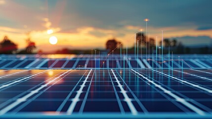 Photovoltaic station and financial graphs, showing the increase in electricity prices and green energy development