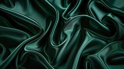 Fototapeta premium Shiny dark green silk satin with wavy folds, creating a refined background with space for design, ideal for festive web banners