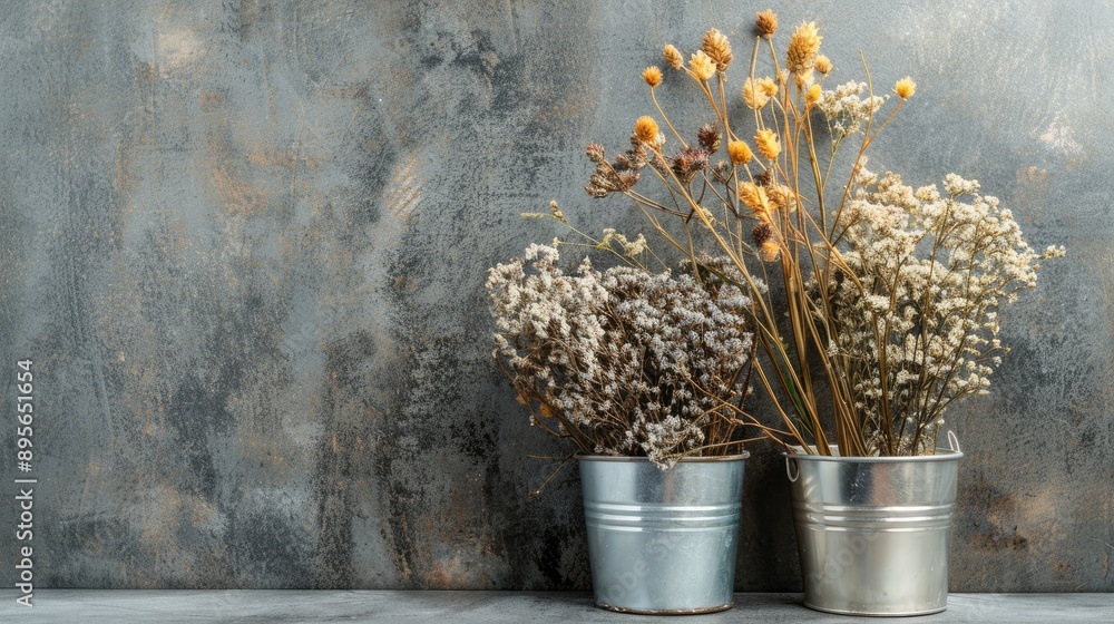 Canvas Prints Silver pots with dried flowers on aluminum background for copy space