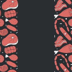 Meat frame. Doodle meat background. Vector illustration with meat products icons