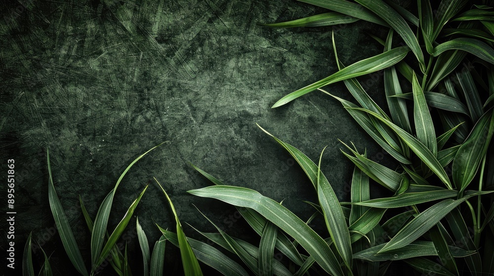 Poster textured dark green grass leaf background with a dark border vignette, enhancing the visual richness