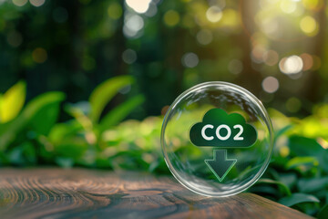 Co2 reducing inside a bubble with green nature background for environmental conservation and prevent global warming concept