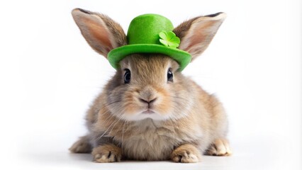 Adorable bunny donning tiny green leprechaun hat, surrounded by fluffy whiskers and cute ears, isolated on crisp white background.
