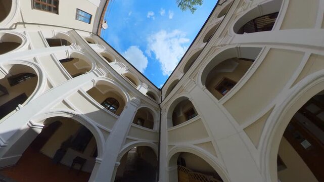Inner Courtyard of Vilnius Old Town.  Wide Angle Slow Motion Footage.
