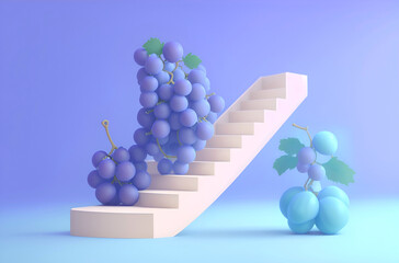 Fototapeta premium 3D model of a bunch of grapes placed on a staircase on a purple background. Generative AI
