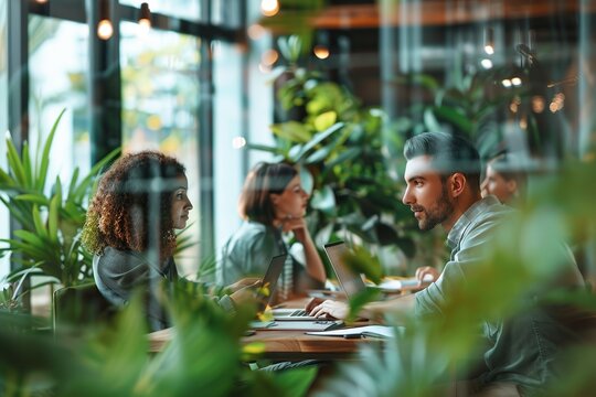 Business formal meeting conference discussion with coworker shareholder or client concentrate. Private ideas. Businesspeople working find solution together. Business people meeting in glass office