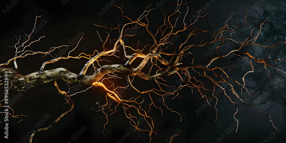 Poster abstract animation of branching roots on black background resembling live vines. concept abstract an