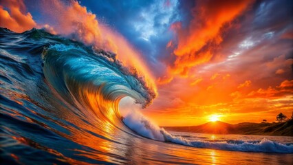 Vibrant orange wave crashes against calming blue background, creating striking contrast of warm and cool hues in mesmerizing abstract scene.