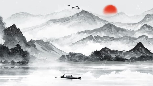 Retro Beautiful Digital art ancient Chinese style ink landscape snow animation national boat trend beautiful morning sky, mountains, flowers, lake, ancient house with simple anime watercolour style.