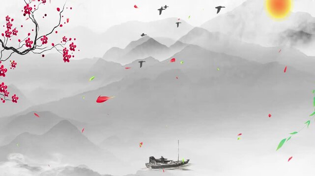 Peaceful nature painting Chinese style ink landscape plum blossom willow tree boat background  of beautiful calm trees, mountains, flowers, lake, water, birds, blue sky, cherry blossoms season