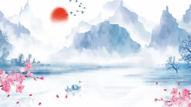 Peaceful nature Beautiful Chinese style ink landscape plum blossom animation title material of beautiful calm trees, mountains, flowers, lake, water, birds, blue sky, boat, cherry blossoms season