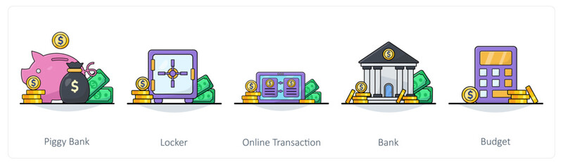 A set of 5 Business icons as piggy bank, locker, online transaction