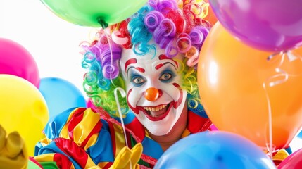 A colorful circus clown entertaining children with balloon