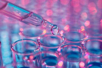 Close-Up of Laboratory Dropper Filling Test Tubes. This image captures a dropper meticulously filling test tubes in a lab. Vivid colors create an abstract feel. Perfect for science and research