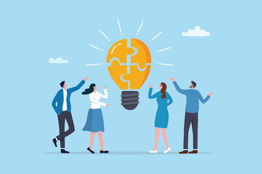 Idea brainstorming, cooperation or collaboration to get solution, teamwork or team meeting to develop idea together, employee participation concept, business people connect lightbulb jigsaw puzzle.