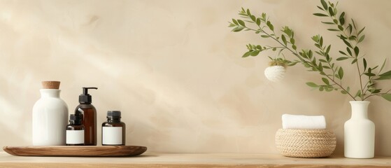 Wooden table set with various natural skincare products, emphasizing eco-friendly beauty