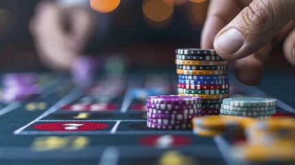 A realistic depiction of a hand placing a bet on a casino game table using poker chips, symbolizing the thrill, risk, and excitement associated with gambling activities.
