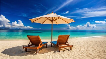 Obraz premium empty luxurious lounge chairs and vibrant umbrella await beneath clear blue sky on pristine sandy beach shoreline.