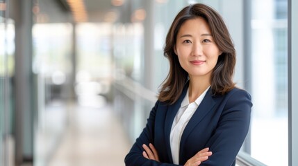 Stylish portrait of an Asian businesswoman in a corporate outfit, poised in a modern office