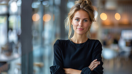 Fototapeta premium Portrait of a businesswoman standing in a modern office building with her arms folded