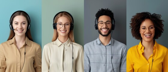 Fototapeta premium Service-minded call center agents with smiling faces, representing various industries