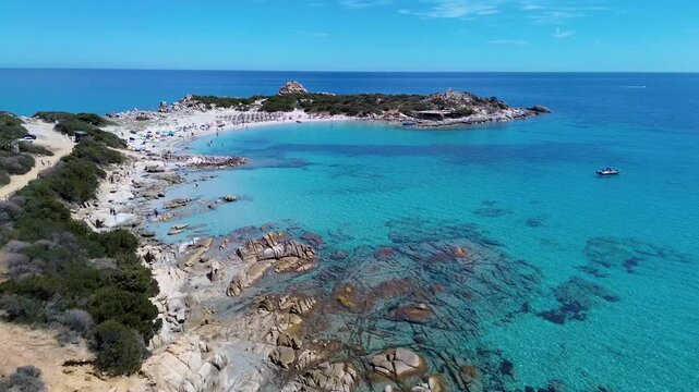 Punta Molentis beac, aerial view of the Punta Molentis peninsula, with the beautiful beach and crystal clear water. villasimius, Sardinia, Italy