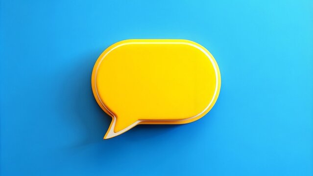 Yellow speech bubble with white text and curved tail on bright blue background, indicating friendly online communication initiation.