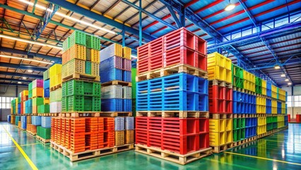 Colorful pallets and containers fill the empty, spacious warehouse, symbolizing productive team effort and industry.