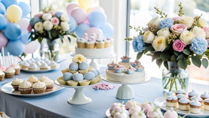 Elegant Dessert Table with Celebration Cake and Cupcakes for Party
