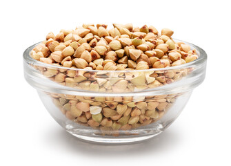 Common buckwheat  Bowl of raw buckwheat on white background. File contains clipping path.