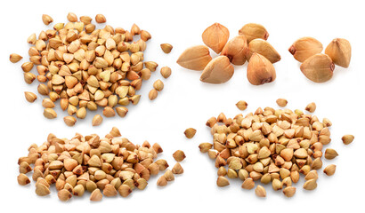 Set of buckwheat piles and set of buckwheat kernels isolated on white background.