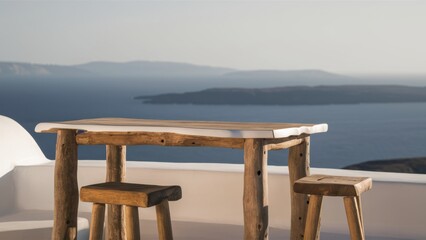 A table and two stools on a balcony overlooking the ocean, AI