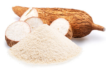 Cassava tubers and cassava flour isolated on white background.