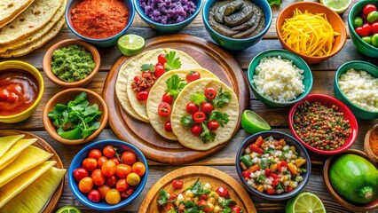 Vibrant, colorful DIY taco bar setup showcasing fresh ingredients, tortillas, cheeses, and salsas, awaiting friends' creative taco creations.