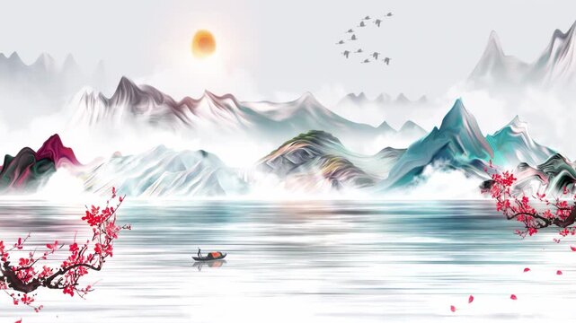 Peaceful Fantasy Nature Chinese style colorful ink landscape plum blossom animation material of beautiful calm trees, mountains, flowers, lake, water, birds, blue sky, boat, cherry blossoms season