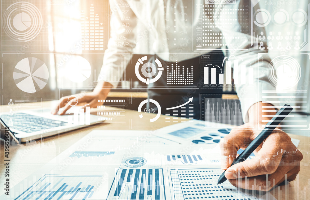 Poster big data technology for business finance analytic concept. modern interface shows massive informatio