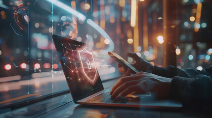 A person working on his computer, trying to protect his laptop from threats, cyber security, phishing...